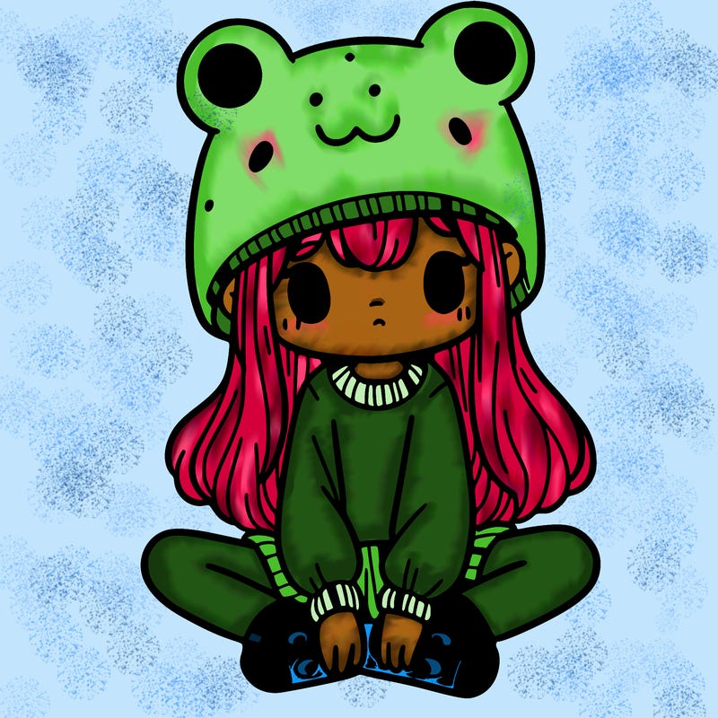 a girl wearing a frog hat and some frog socks