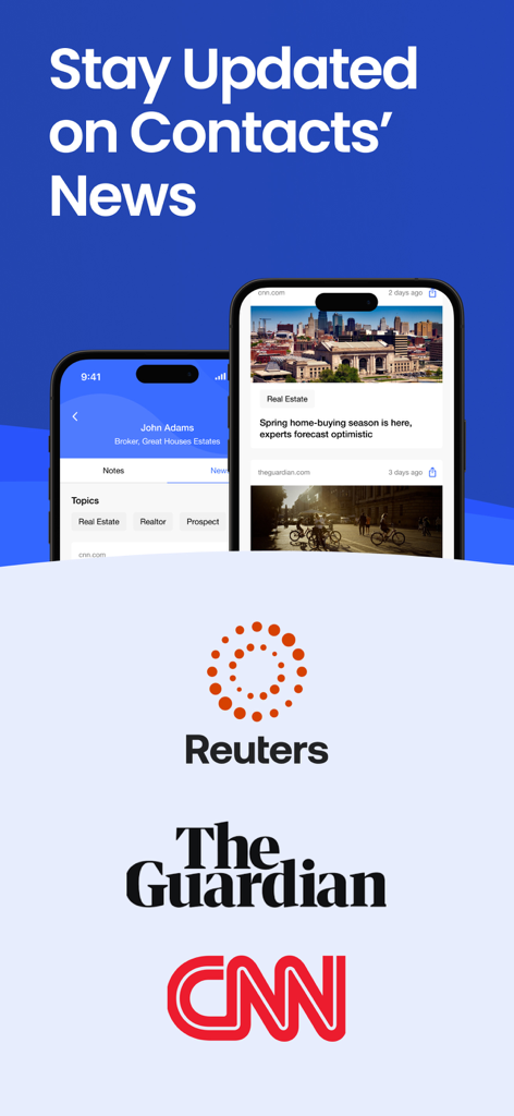 Covve CRM Manage your contacts - Covve CRM-Oberfläche mit Nachrichten-Updates zu Kontakten von Reuters, The Guardian und CNN