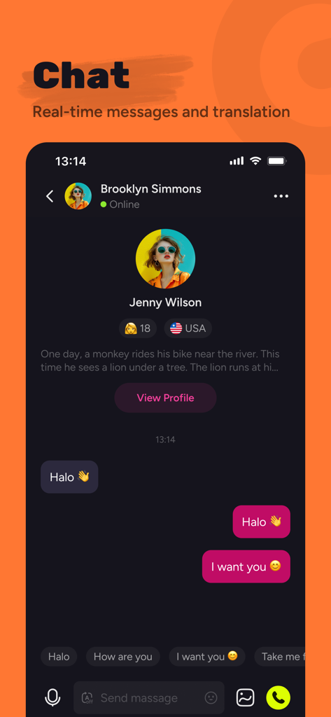 Captura de pantalla de la aplicación Wee que muestra el chat de texto en tiempo real y las funciones de traducción con un perfil de usuario