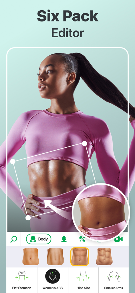Retouch Me: Face, Body Editor - 女性の腹筋の変化を示すシックスパックエディター機能