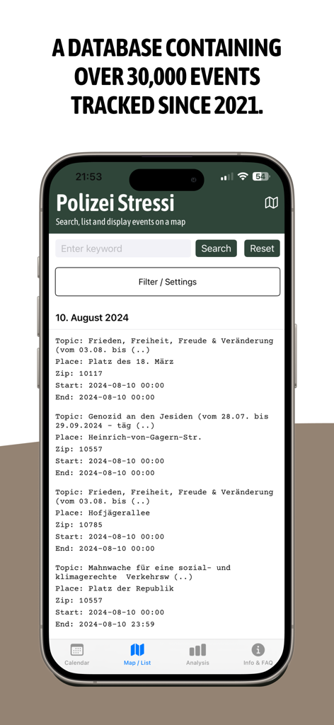 Polizei Stressi 앱 내 등록된 공개 집회 및 시위 목록 보기