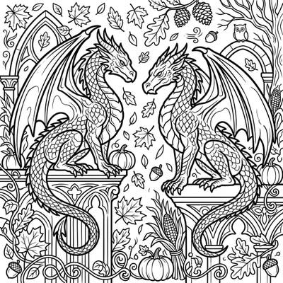 Dive into the magic of fall with this unique coloring page featuring two magnificent dragon gargoyles amidst a bountiful autumn harvest. Perfect for those who love fantasy and the cozy vibes of the season.