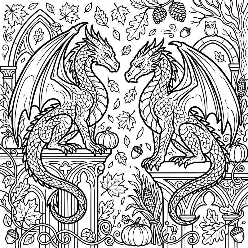 Dive into the magic of fall with this unique coloring page featuring two magnificent dragon gargoyles amidst a bountiful autumn harvest. Perfect for those who love fantasy and the cozy vibes of the season.