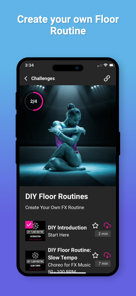 Mobile app interface for creating custom gymnastics floor routines featuring dance challenges and tutorials.