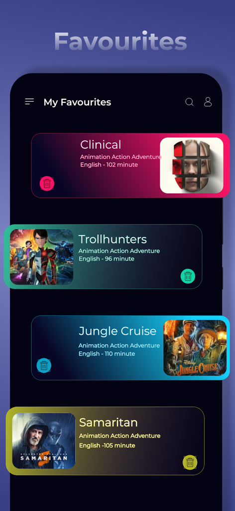 A screenshot of the MyFlix app showing the Favourites screen with a list of movies like Clinical and Trollhunters.