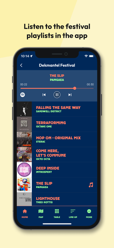 Una interfaz de aplicación móvil que muestra una lista de reproducción de música para el Festival Dekmantel