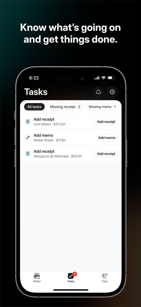 Brex app interface showing a list of tasks for adding receipts and memos to business expenses