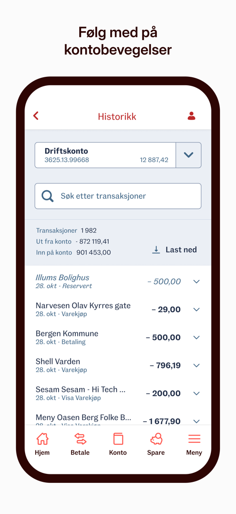 Sparebanken Norge Bedrift - Transaction history screen in the Sparebanken Norge Bedrift app