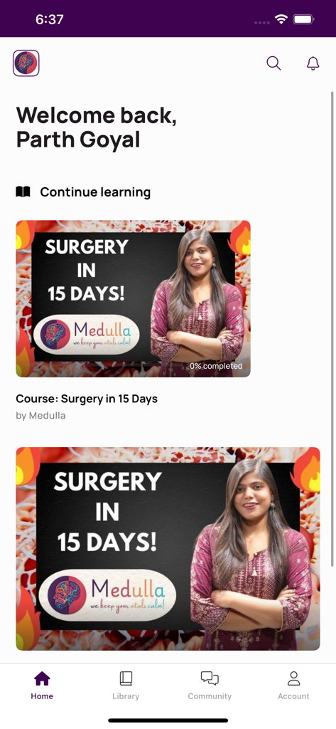 Medulla Online - L'interface d'accueil de l'application Medulla Online montrant un cours de chirurgie médicale.