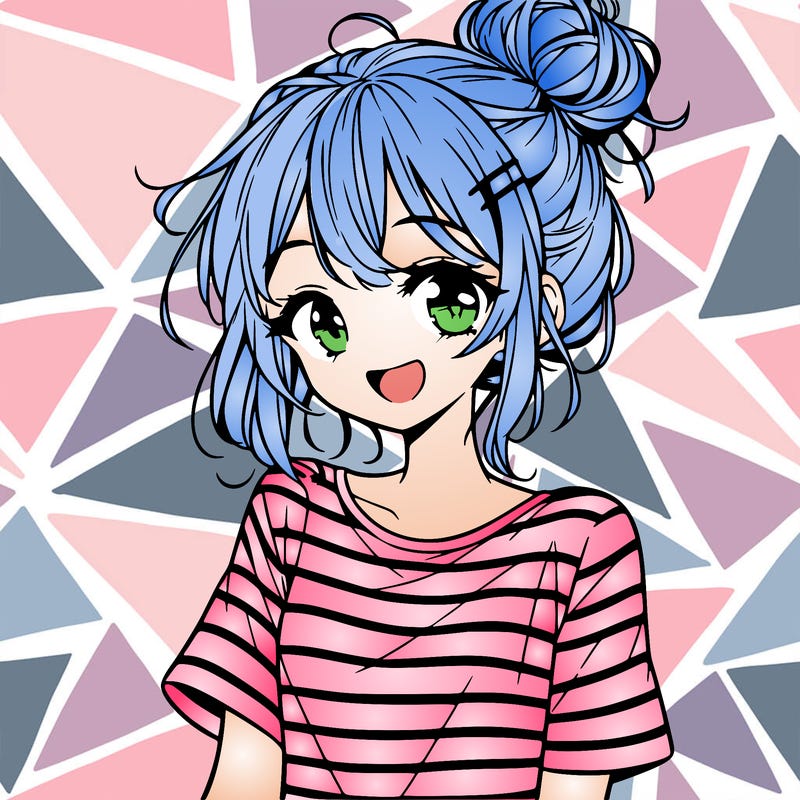 anime girl teenager striped shirt and smile and messy bun