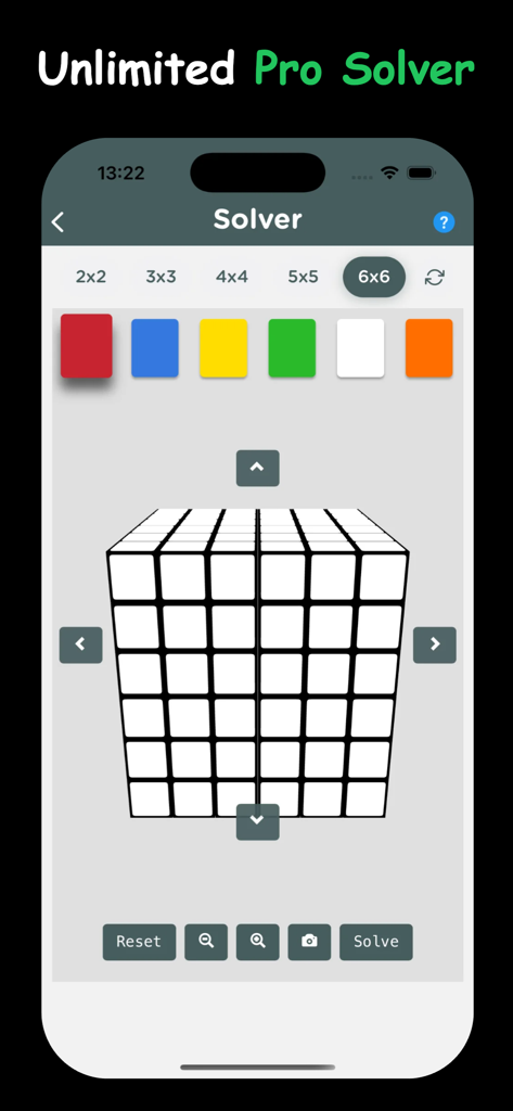 Rubix Cube Solver and Guide - Rubix Cube Solver app interface showing a 6x6 cube with a color selection palette for manual input