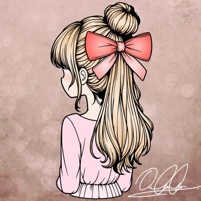realistic girl  with hip length hair a bun and a big bow on the back of head