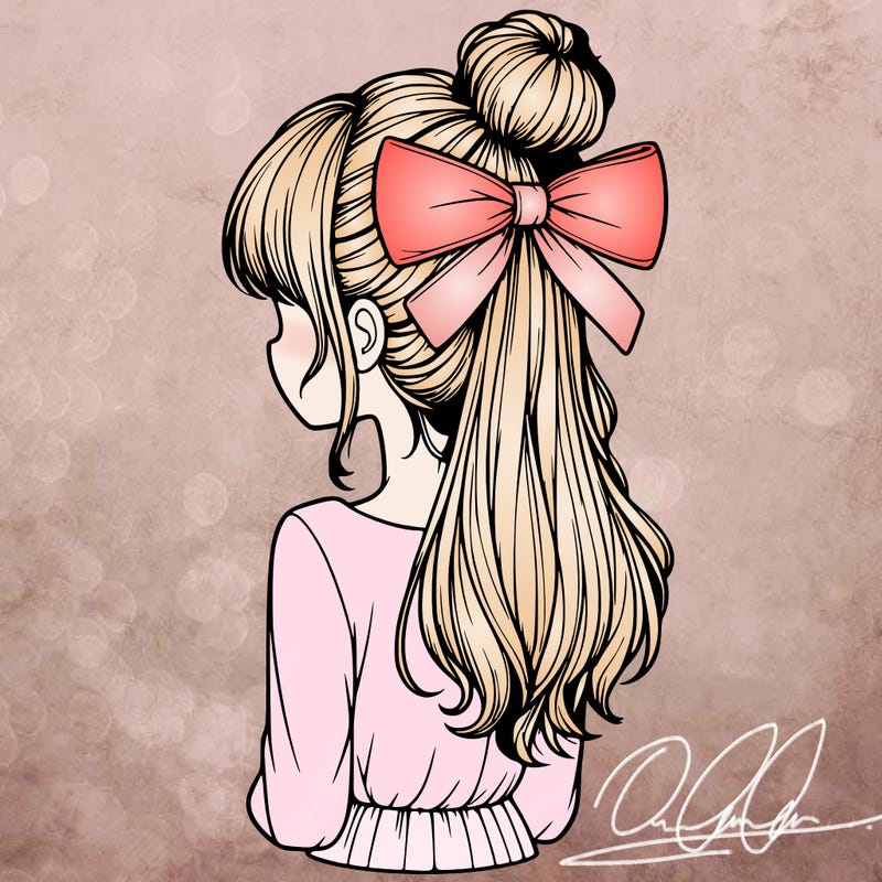 realistic girl  with hip length hair a bun and a big bow on the back of head