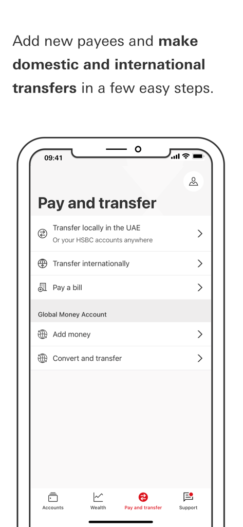 HSBC UAE mobile app interface showing domestic and international transfer options and global money account management