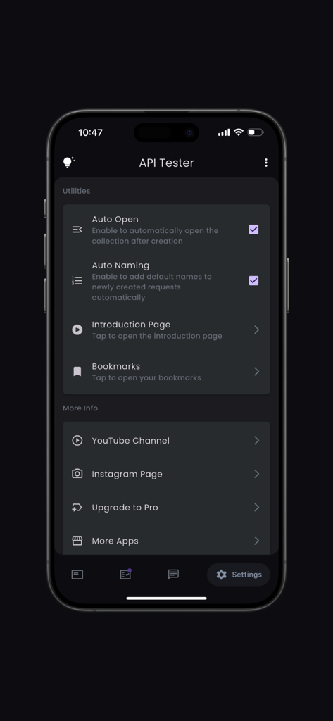 API Tester(Pro) - Settings screen of the API Tester Pro app showing utility options and links to social media.