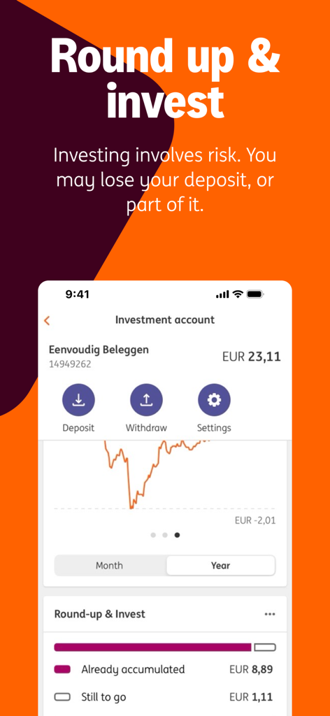Pantalla de inversiones de la aplicación ING Países Bajos para redondear e invertir el cambio sobrante