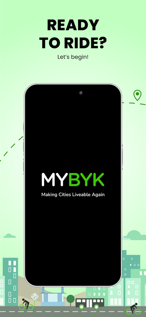 MYBYK - Pedal & EBike Rental - MYBYKアプリのスプラッシュスクリーン。都市のイラストを背景に、ブランドロゴと「Making Cities Liveable Again」というスローガンが表示されています。