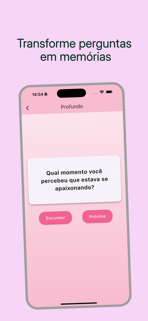 Papo de Amor : Quiz de Casal - A romantic deep conversation prompt in the Papo de Amor app asking at what moment a partner realized they were falling in love.