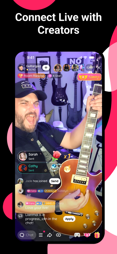 A live streaming interface on Likee featuring a musician playing electric guitar with real-time viewer chat and virtual gift icons.