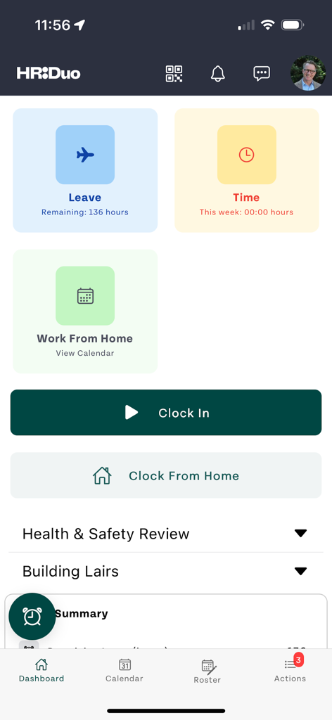 HR Duo Go - HR Duo Go mobile app dashboard displaying leave balance, time recording, and clock in buttons for employees