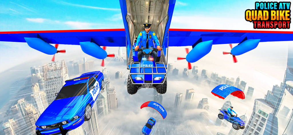 Oficial de policía en un quad ATV saltando de un avión de transporte sobre una ciudad