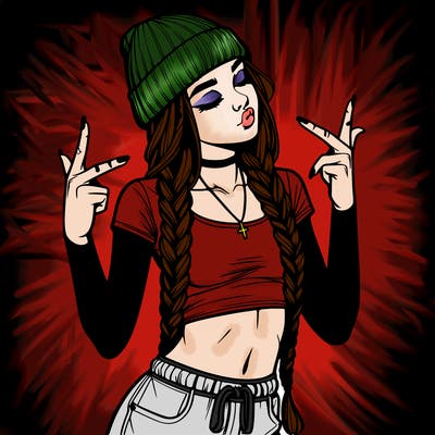 realistic teenage girl with braids and a beanie and crop top doing 🫶🏼