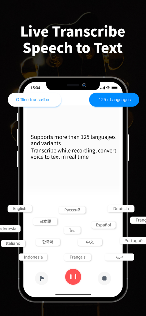 Voice Recorder + Voice Memos - Interfaz de la aplicación Grabadora de Voz mostrando transcripción de voz a texto en vivo en varios idiomas.