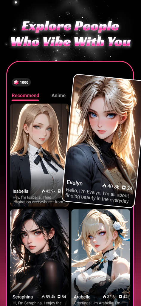 Imagia-Chat Me&Art - Discovery screen of Imagia app displaying multiple AI-generated female character cards