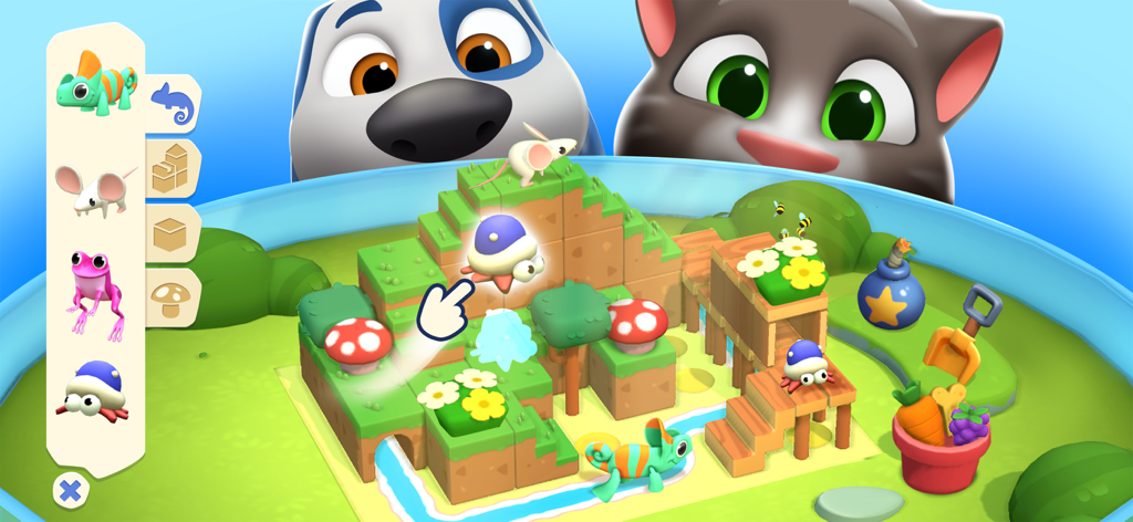 Talking Tom y Hank mirando un colorido mini juego de playset de animales en miniatura.