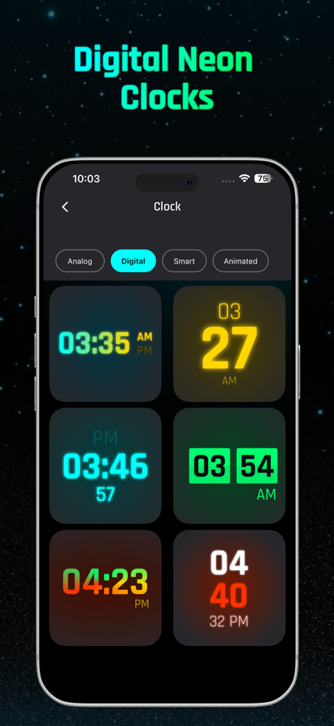 Digital Neon Night Clock - A variety of colorful neon digital clock styles displayed in a mobile app grid.