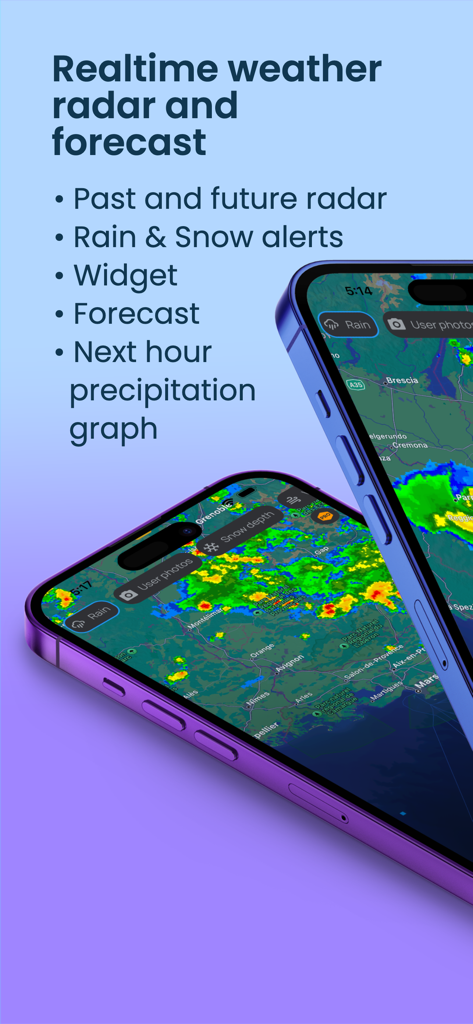 Rain Radar App - Rain Radar App interface showing real time weather radar maps and rain alerts on iPhone