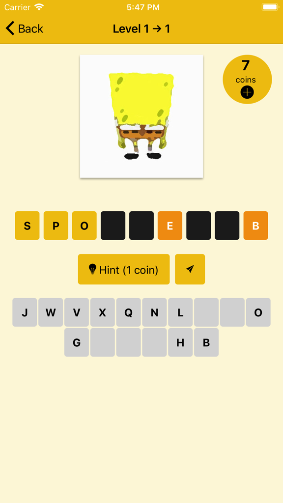Gameplay screenshot of Guess the Cartoon Quiz Game featuring a character identification puzzle with letter tiles