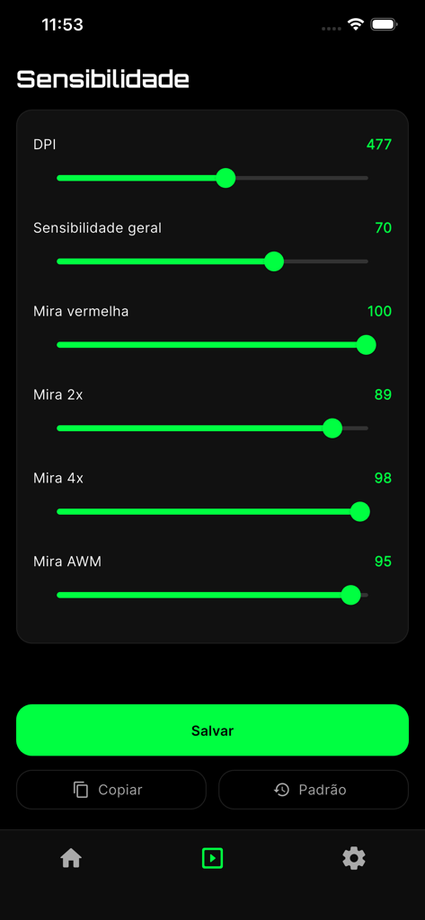 XIT Panel app interface showing sliders for DPI and scope sensitivity settings for FPS mobile games.