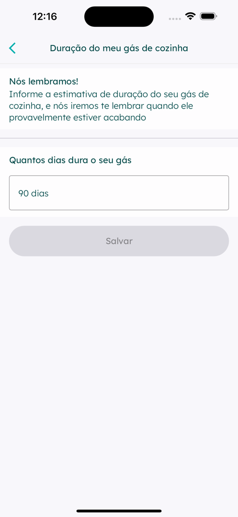 Preço do Gás - Cooking gas duration reminder screen in the Preco do Gas app