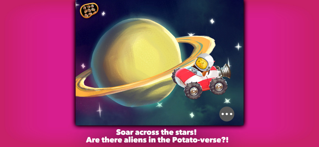 Mr. Potato Head: School Rush - Mr. Potato Head wearing a space helmet and driving a red rocket car past a ringed planet in outer space.