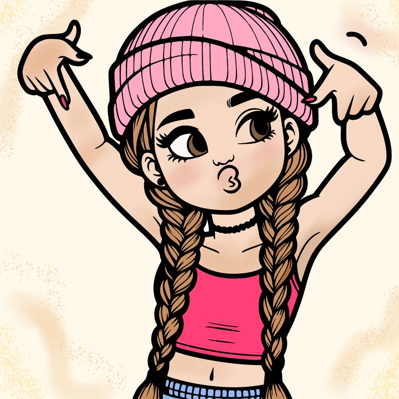 realistic teenage girl with braids and a beanie and crop top doing 🫶🏼