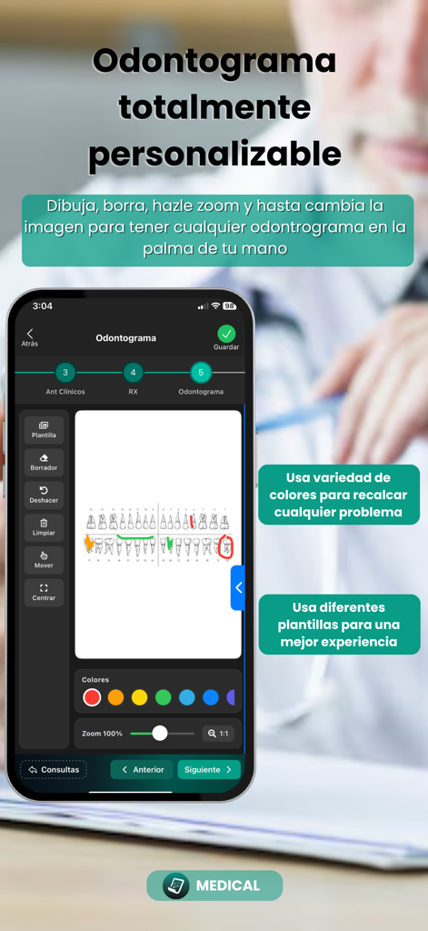 Medicals - Gráfico odontograma dental personalizable en un teléfono móvil con herramientas de dibujo y anotación para dentistas