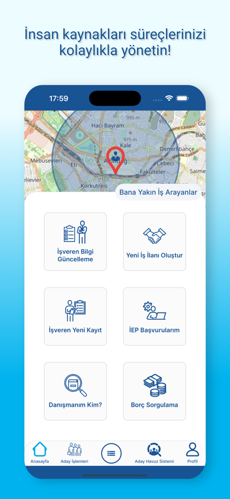 Panel de empleador de la aplicación ISKUR Mobil que muestra un mapa para encontrar solicitantes de empleo e iconos de menú para la gestión de contratación.