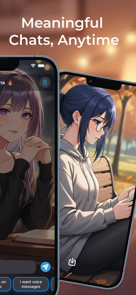 Two phone screens displaying anime girl characters and the text Meaningful Chats Anytime from the Waifu AI Girlfriend app