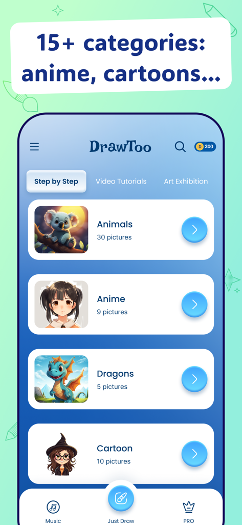 AR Drawing & Tracing - DrawToo - DrawToo app interface showing drawing categories like Animals, Anime, Dragons and Cartoons