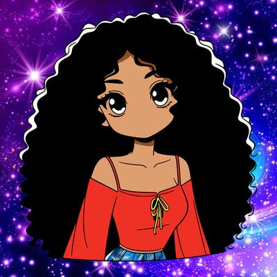a black anime girl with long afro hair