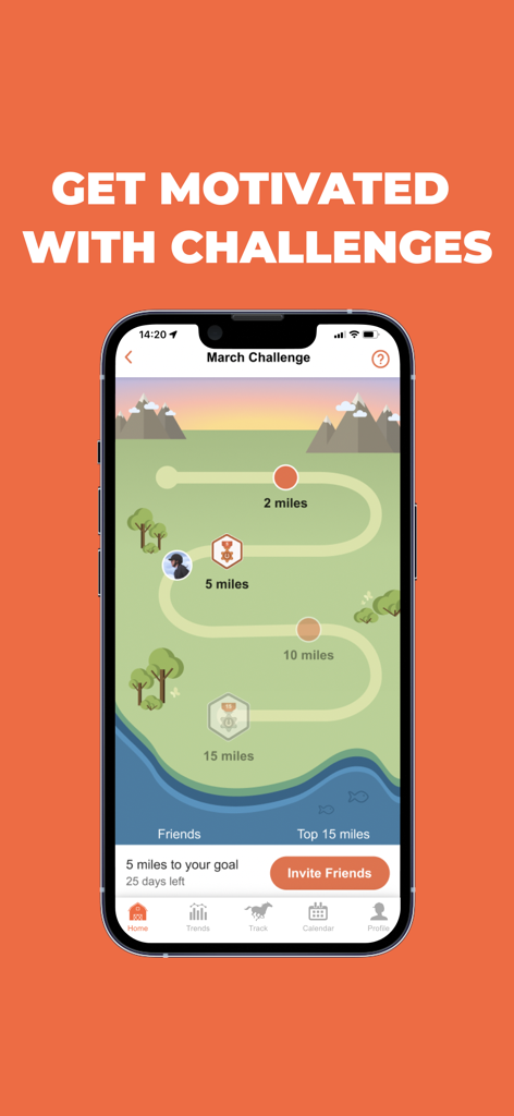 Equilab app screen showing the March Challenge with a milestone path and distance markers for horse riding goals