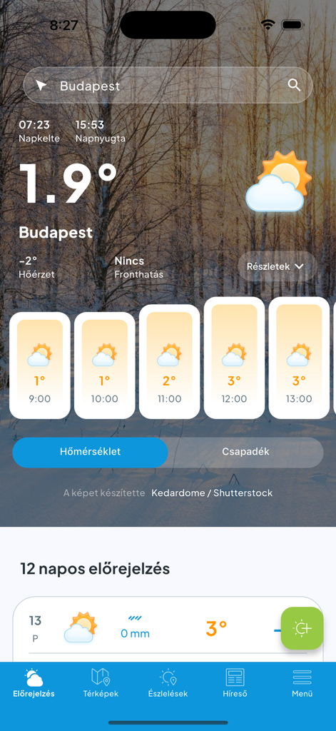 Köpönyeg - Köpönyeg weather app displaying the hourly forecast for Budapest