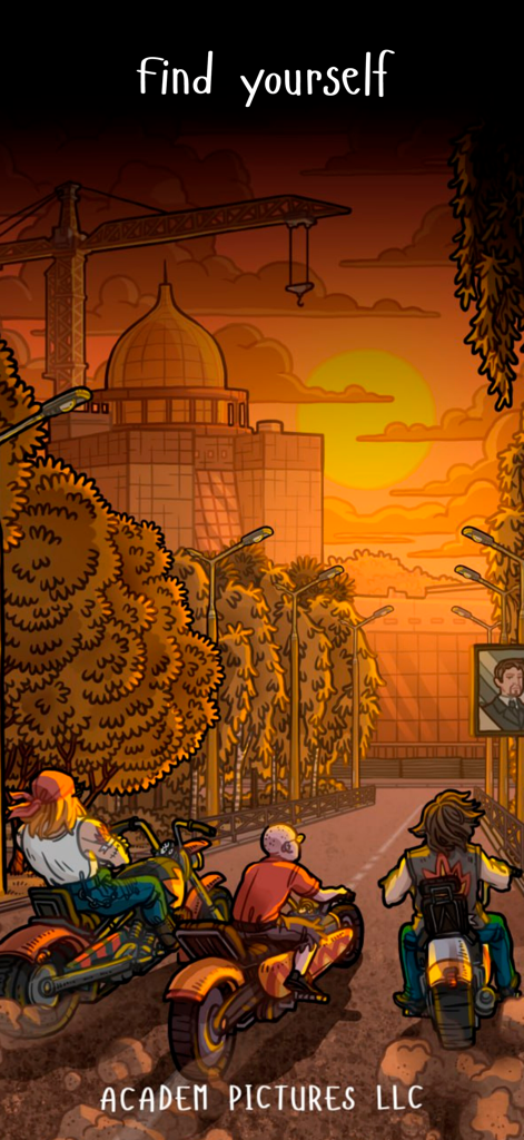 ACADEM DREAMS: Adventure & Sim - Tre motociclisti che viaggiano verso un'università al tramonto.