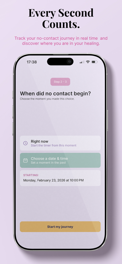 Captura de pantalla de la pantalla de configuración de la app No Contact mostrando opciones para iniciar un temporizador para la recuperación de rupturas
