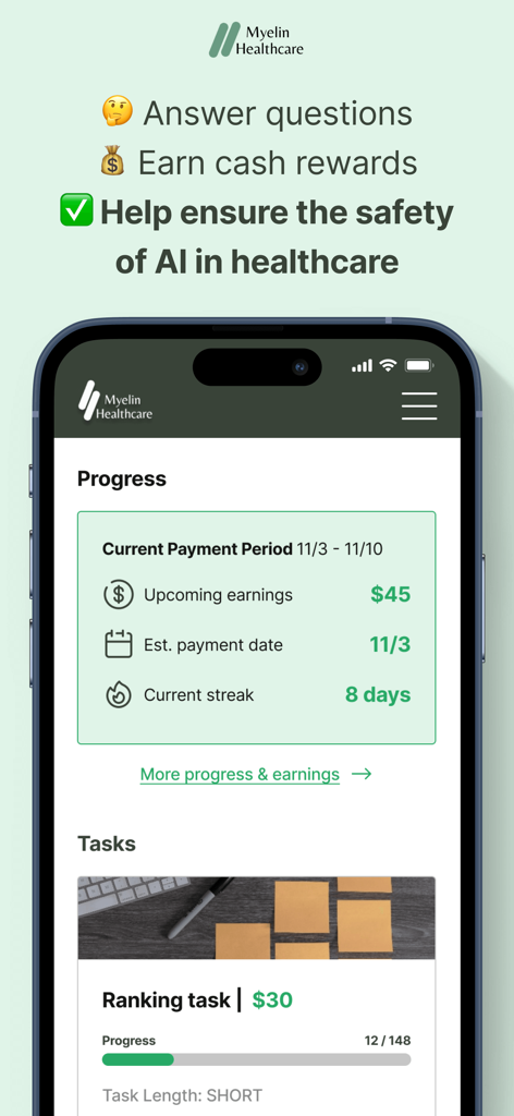 Myelin Healthcare - Myelin Healthcare app interface showing professional earnings progress and a medical ranking task for nurses