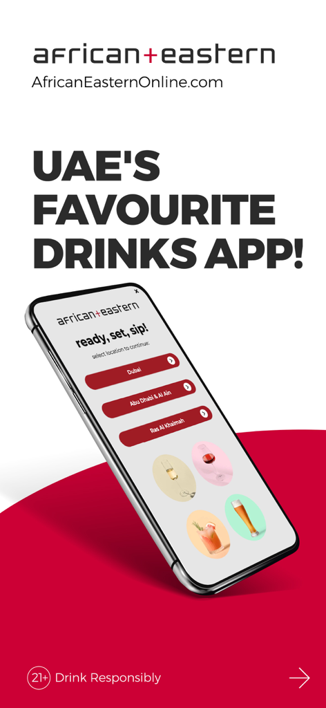 African and Eastern UAE drinks delivery app welcome screen with location selection buttons for Dubai Abu Dhabi and Ras Al Khaimah