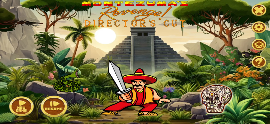 Montezuma - Director's Cut - Main menu of Montezuma's Revenge Director's Cut featuring character Pedro in front of an Aztec pyramid