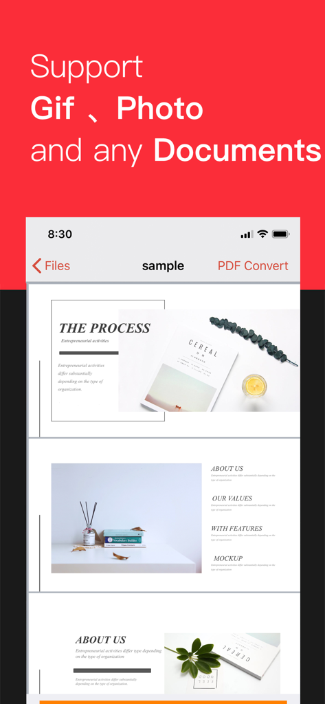 iConv - Video & PDF Converter - iConvアプリのインターフェースに、GIF、写真、ドキュメント変換をサポートするテキスト付きの複数ページのドキュメントプレビューが表示されている