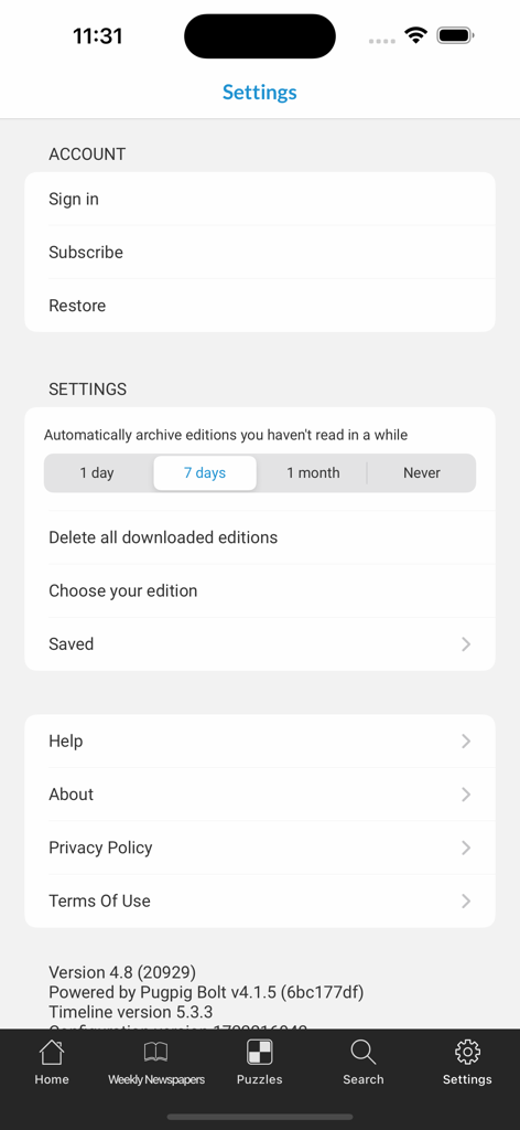 Shropshire Star Newspaper - The settings interface of the Shropshire Star Newspaper mobile app featuring account management and edition archiving options.